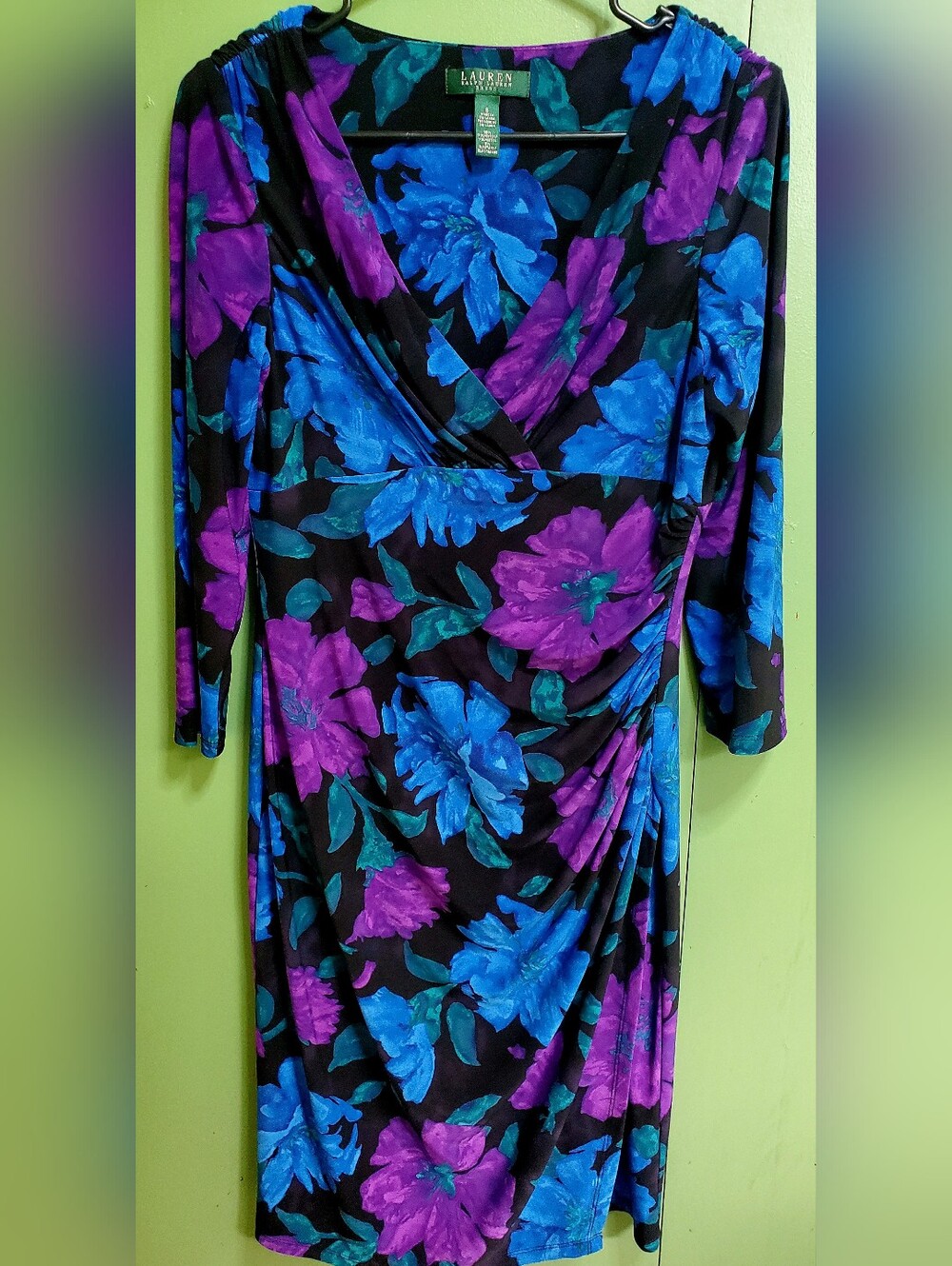 Lauren Ralph Lauren Black 3/4 Sleeve Floral Wrap Dress in Blue & Purple